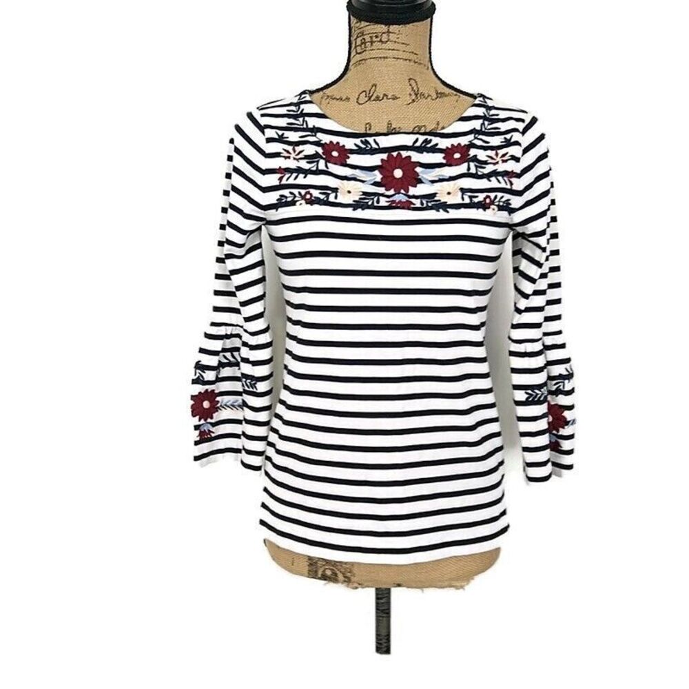 J Crew Womens‎ sz XS Top White Blue Striped Floral Embroidery Bell Sleeve
